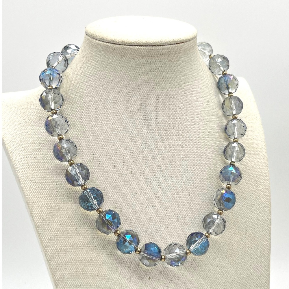 Aurora Borealis Faceted Glass Bead Necklace Blue Iridescent Brass Tone 20.5in